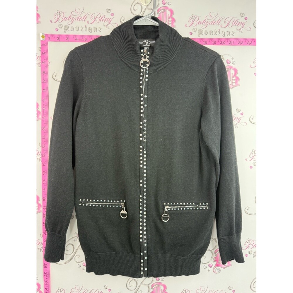 Cyc Stud-Trim Zip Front Knit Jacket / sweater/ shirt rhinestone Black 2 pockets